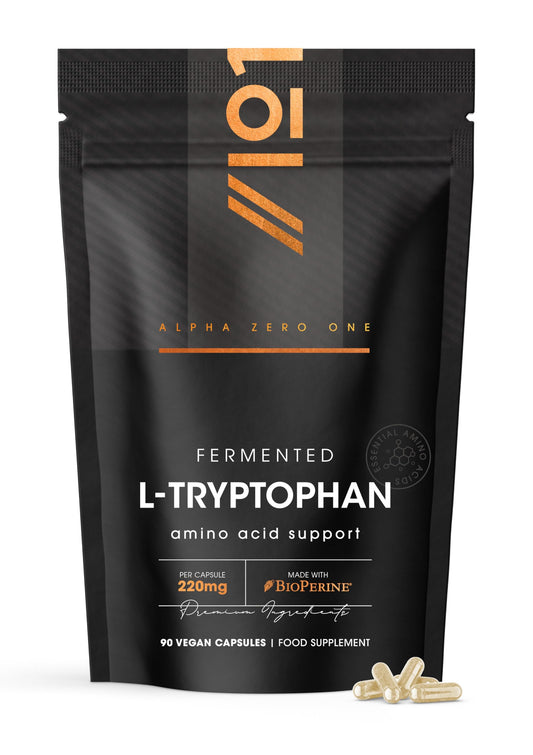 ALPHA01 L-Tryptophan 220mg with BioPerine® - 90 Vegan Capsules – Naturally Fermented L-Tryptophan Supplement with Black Pepper Extract for Increased Bioavailability - 3 Months Supply - By Alpha01