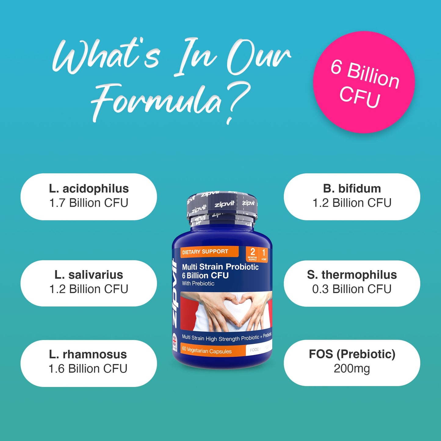 Zipvit Probiotics 6 Billion CFU with Prebiotic, Includes Lactobacillus & Bifidobacterium, Multi Strain Probiotic, 60 Vegetarian Capsules, 2 Months Supply