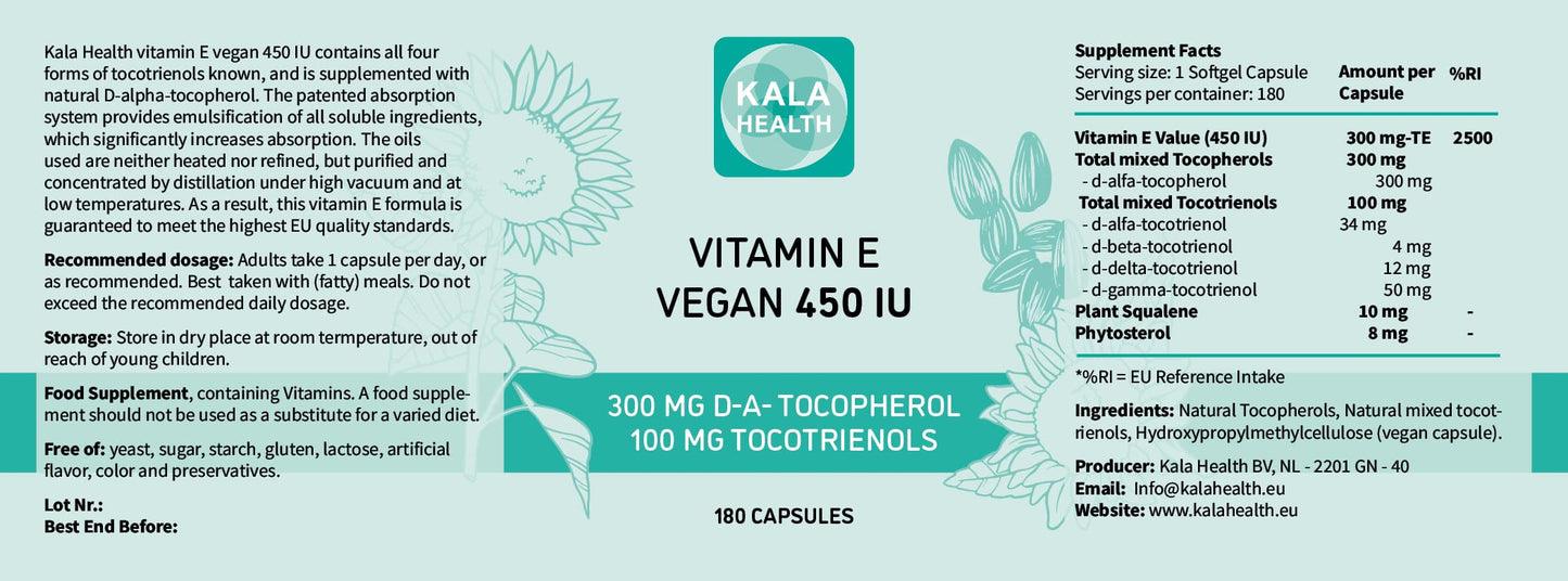 Kala Health Vitamin E 450 IU 400mg Tocopherol + Tocotrienol Vitamin E Vegan - Alpha Tocopherol + All 4 Tocotrienols – Alpha Tocotrienol + Beta Tocotrienol + Delta Tocotrienol and Gamma Tocotrienol