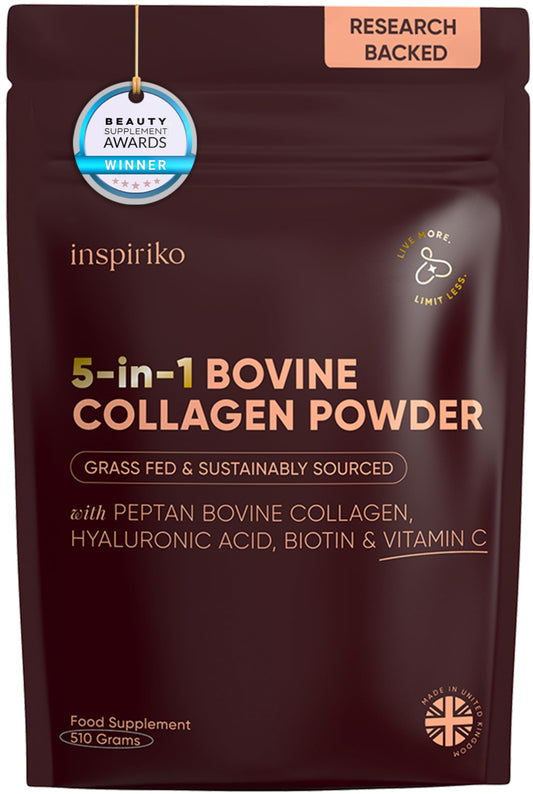 Inspiriko Bovine Collagen Powder for Women. Award Winning, 50 Servings, Hydrolyzed Collagen Supplements for Women with Hyaluronic Acid, Biotin & Vitamin C. EU Grass-Fed, Unflavoured 510g
