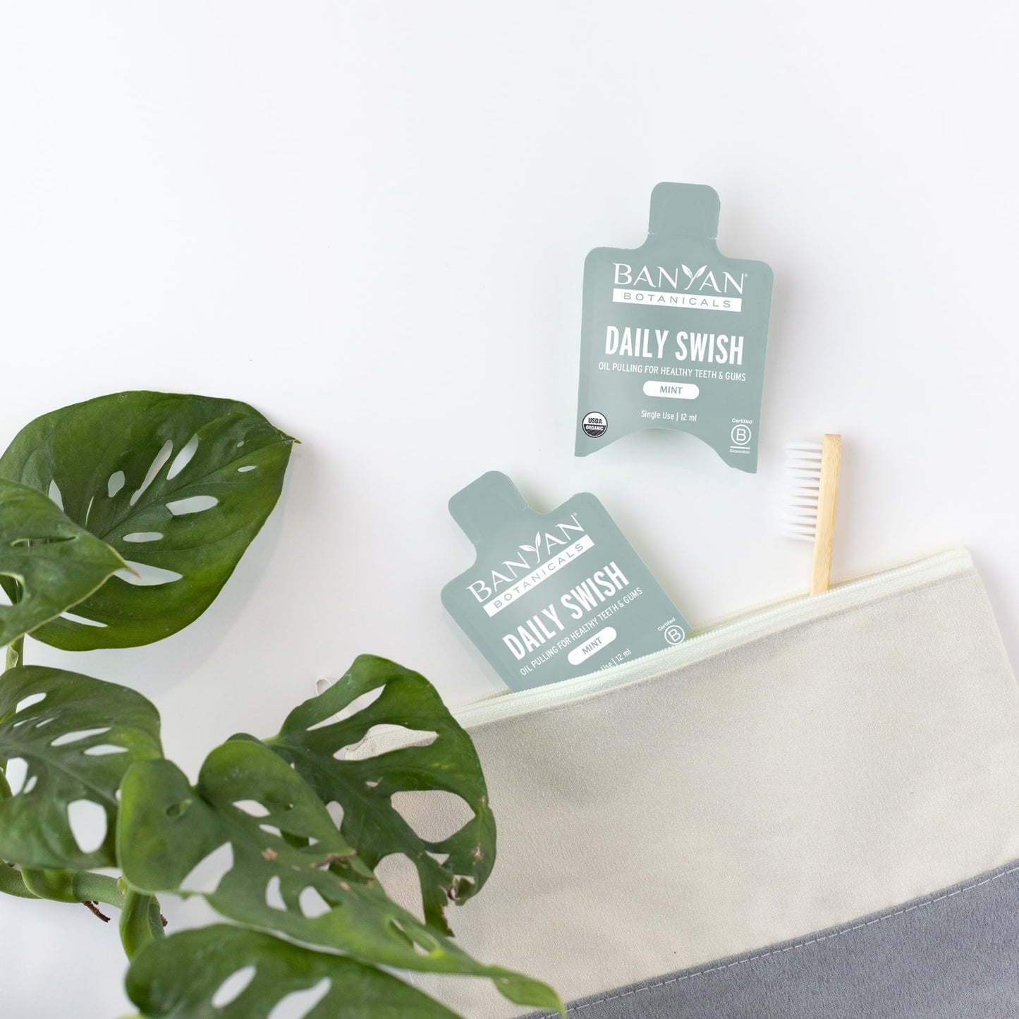 Banyan Botanicals Organic Daily Swish Mint Travel Packets - 12 ct - Ayurvedic Oil Pulling Mouthwash Oil for Oral Health - Coconut Oil Blend for Teeth and Gums