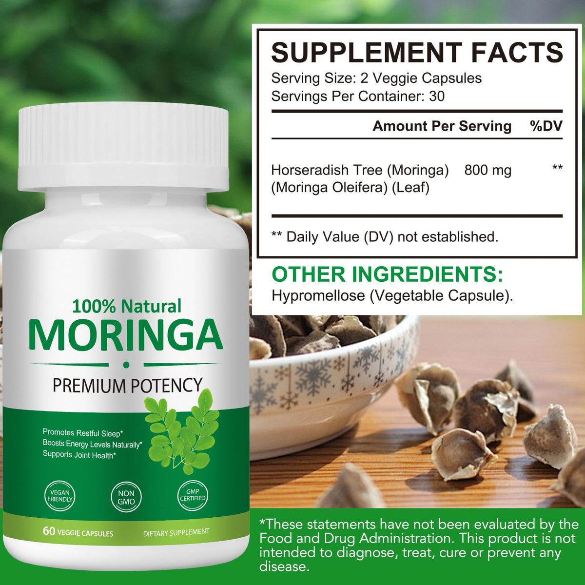 FSLHCY Moringa Capsules 800mg, Rich Moringa Powder Supports Energy, Joint & Immunity & Gut Health, Overall Vitality, Pure Vegan Extract Non-GMO (60pcs)