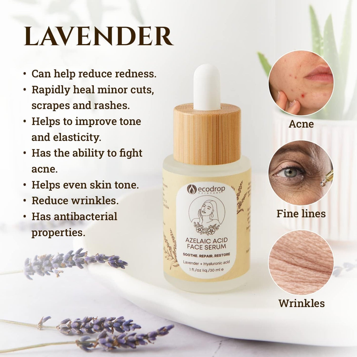 ecodrop essential oils Ecodrop Azelaic Acid & Hyaluronic Acid Serum - 30ml | Daily Gentle Anti-Ageing Skincare for Face Reduces Acne, Redness, Dark Spot Blemishes & Brightens All Skin Types | Vegan & Cruelty-Free