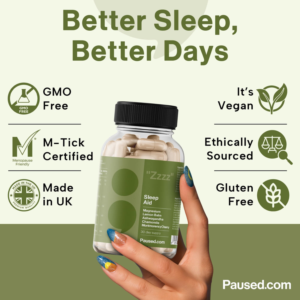 Paused Sleep Aid Supplement - 60 Capsules | 1 Month Supply Sleep Support with Magnesium, Chamomile & Ashwagandha for Natural, Fast & Quality Sleep | Vegan & Gluten-Free | UK