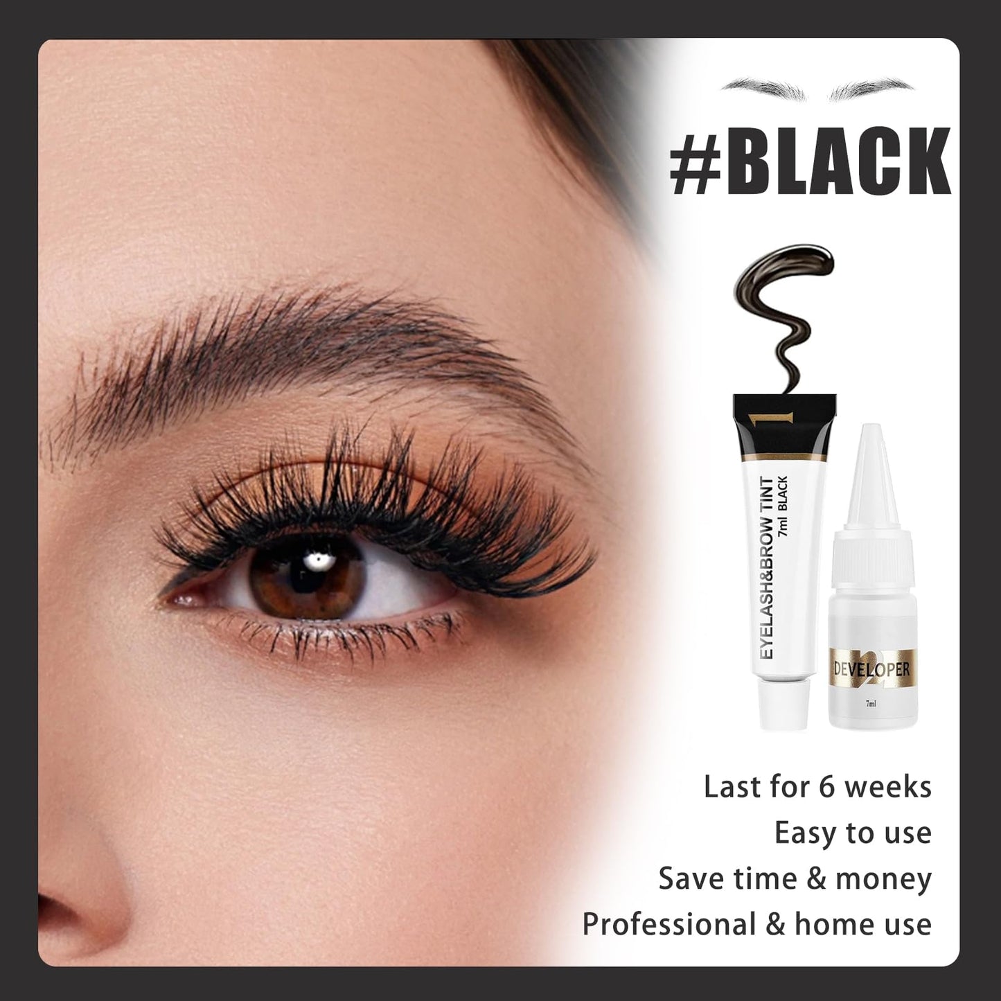 Guegine Eyebrow Tint Kit，2-In-1 Eye Brow Tint Kits，Lash Tint Kit，Lasting for 6 Weeks Diy Hair Dying for Salon（7ml Black）