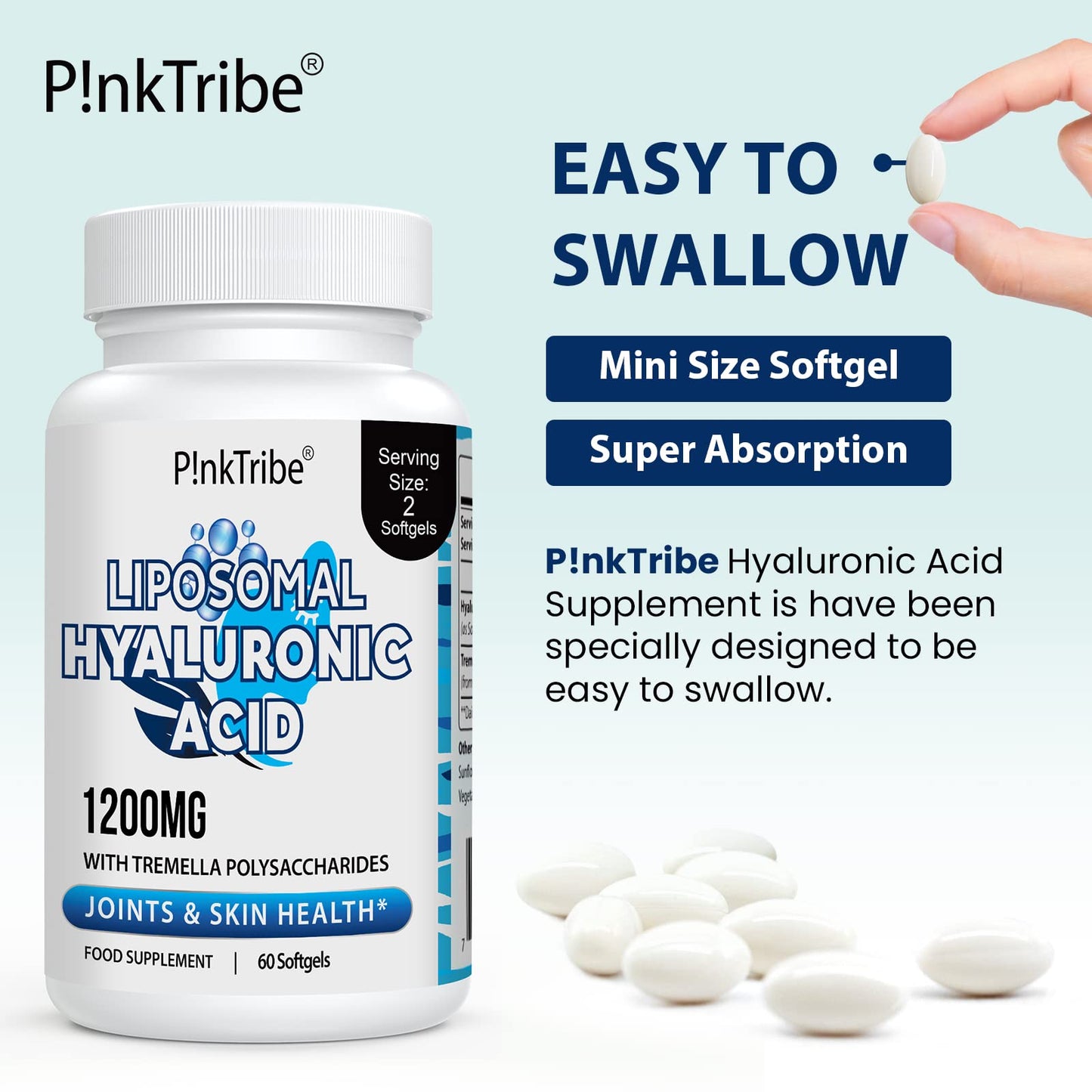 P!nkTribe Liposomal Hyaluronic Acid Supplement - 1200mg Per Serving, High-Potency Bioavailable Hyaluronic Acid Capsules, Supports Skin & Joints, 120 Softgels