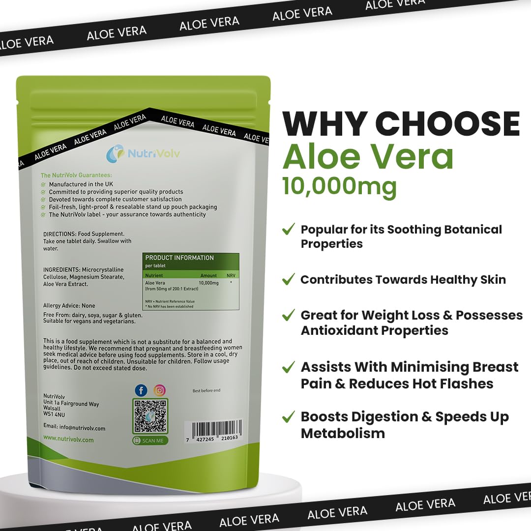NutriVolv Aloe Vera 10,000mg - 120 Tablets | Natural Skincare, Colon Cleanse & Digestion Support | Detox & Immune Boosting Supplement | High Strength Aloe Vera Extract