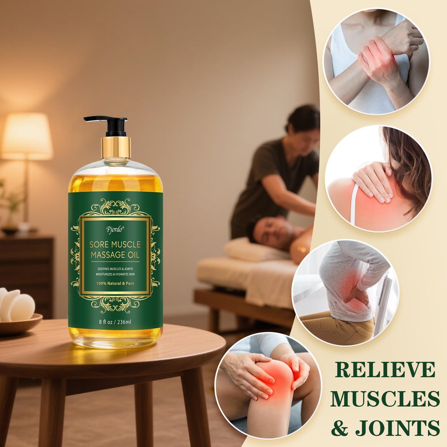 Pjordo Massage Oil for Muscle Pain, 236ml Natural Body Massage Oil for Massage Therapy, with Lavender Oil, Arnica & Chamomile Extract, Soothes Muscle and Joint for Professional & Home Use
