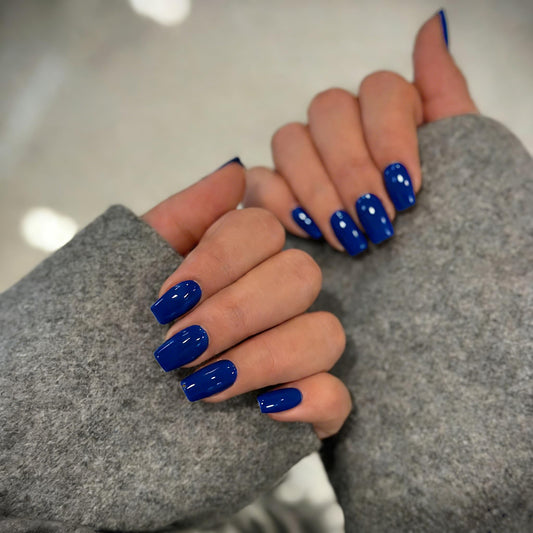 KQueenest Acrylic Press on Nails Short Medium Square, Royal Blue False Nails Short Coffin, Glossy Natural Solid Color Fake Nails Set, Reusable Gel Stick on Nail for Women Finger Daily Wear 24 Pcs