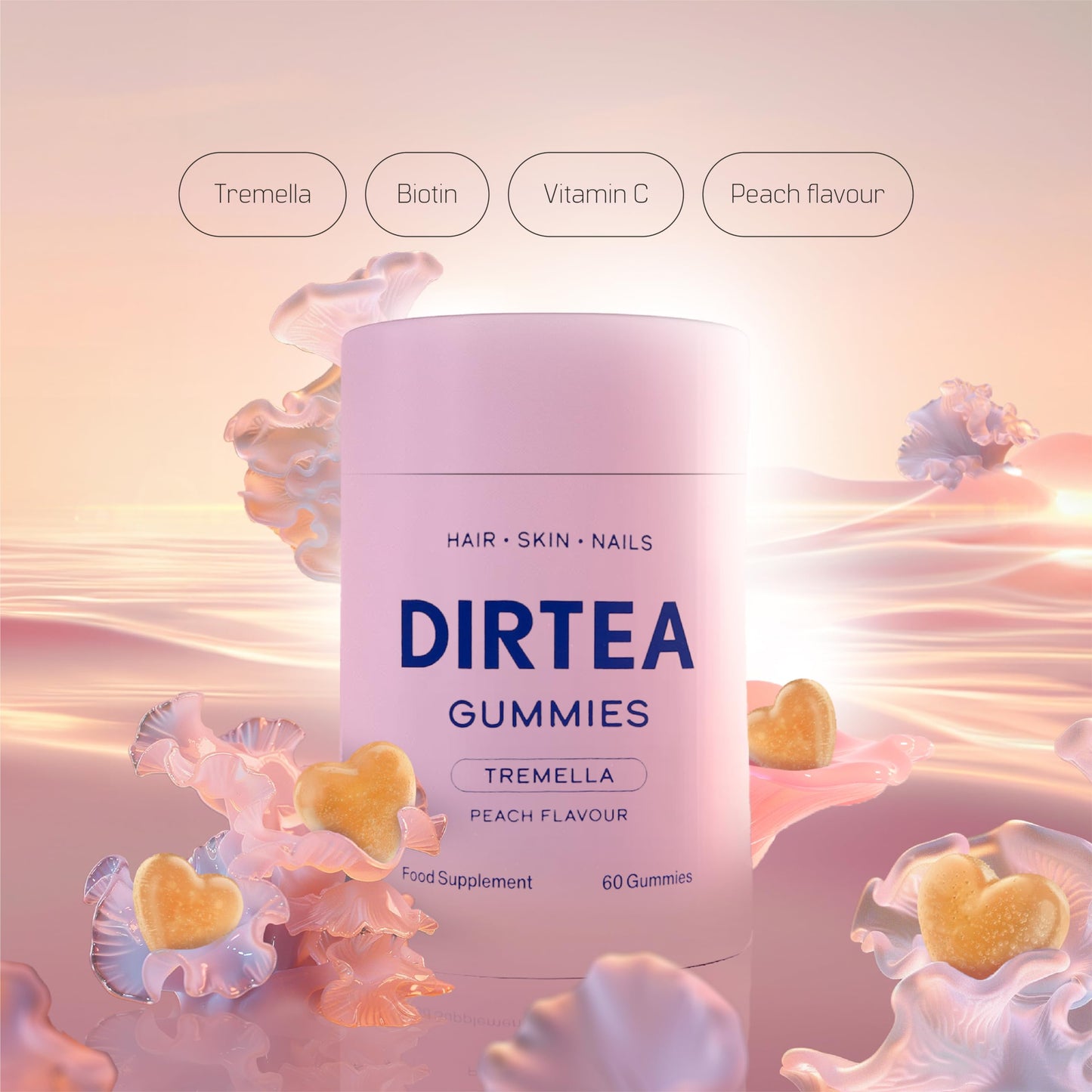 DIRTEA 60 Tremella Mushroom Gummies with Biotin & Vitamin C | Hair, Nail & Skin Supplement (1 Month's Supply) | 3,000mg / Serving | Vegan, Natural & Sugar Free | 60 Gummies - Peach Flavour