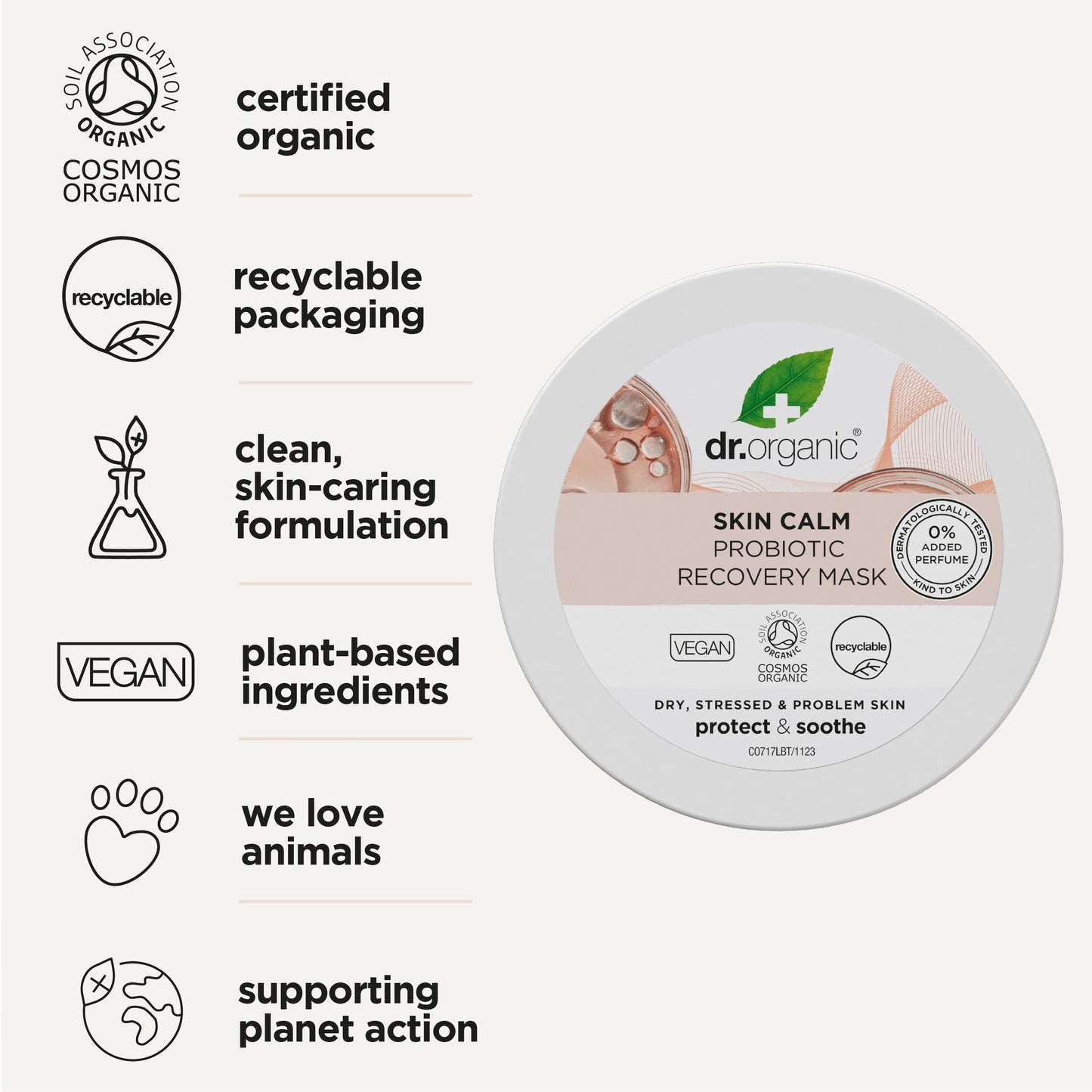 DR ORGANIC Dr Organic Skin Calm Probiotic Recovery Mask, For Redness, Dry, Sensitive & Irritable Skin, Restore Moisture, Dermatologically Tested, Vegan, Cruelty Free, Paraben & SLS Free, Certified Organic, 100ml