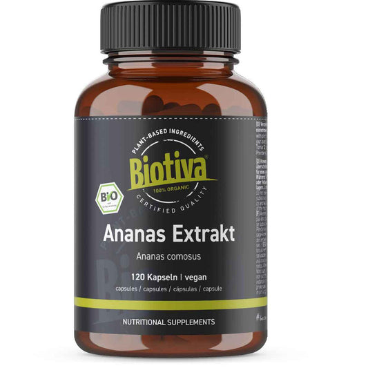Biotiva Pineapple Extract Organic 120 Capsules - 500mg - Bromelain - natural Pineapple enzym - vegan - Packed and controlled in Germany (DE-ECO-005)