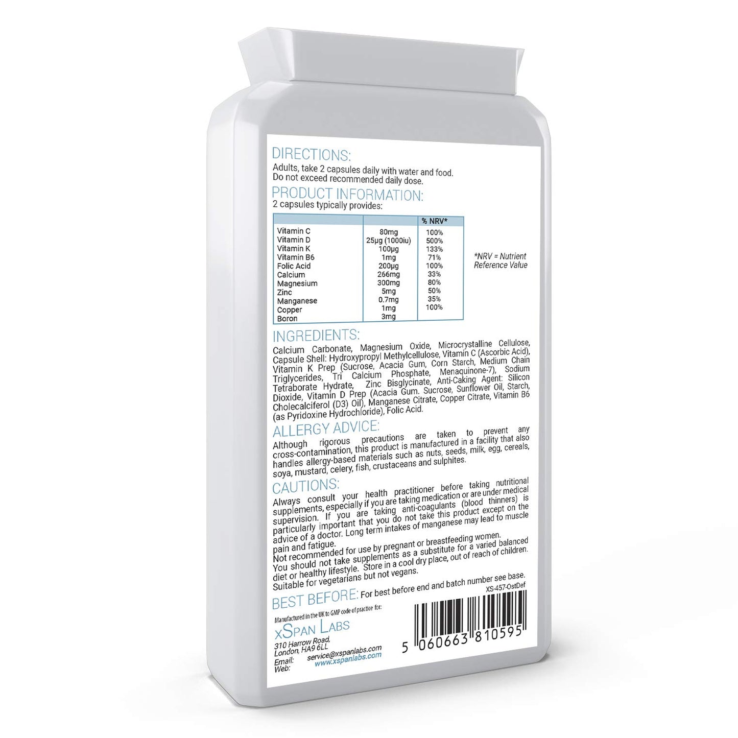 Xspan Labs OsteoBooster 90 Capsules – All-in-One Bone Support Formula – Contains Calcium, Vitamins D3 & K2, Magnesium Plus a Host of Other Essential Calcium utilisation Vitamins and Minerals
