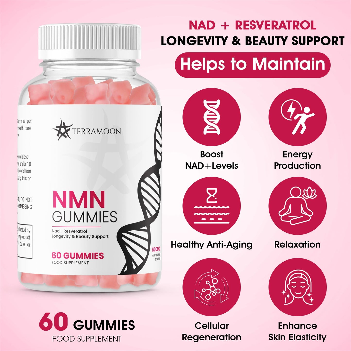 TERRAMOON NMN Gummies, NAD+ Resveratrol, 600mg, 2 Month Supply for Longevity and Beauty Support Supplement, 60 Count,