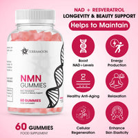 TERRAMOON NMN Gummies, NAD+ Resveratrol, 600mg, 2 Month Supply for Longevity and Beauty Support Supplement, 60 Count,