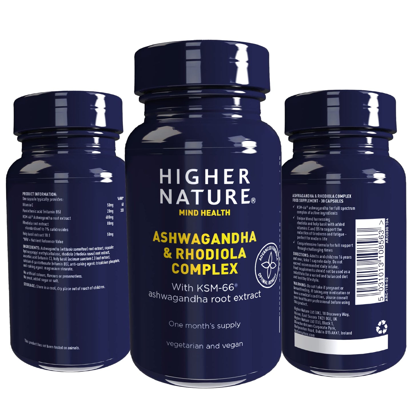 Higher Nature - Ashwagandha & Rhodiola Complex - Reduce Fatigue - Holy Basil Extract - Ashwagandha Capsules - Vegetarian & Vegan - 30 Capsules