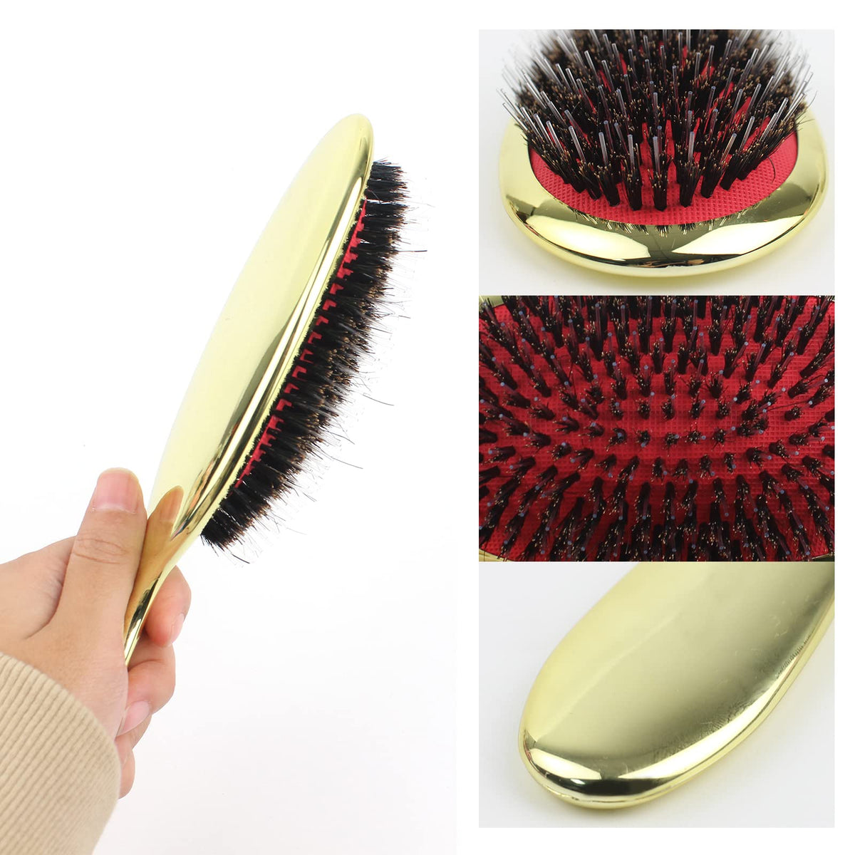 VinBee Paddle Hair Extension Brush Cushion Hair Brush Detangler Dual Bristle Design Soft Boar Bristle Nylon Brushs for Extensions,Long,Wet & Dry, Thick & Curly Hairs Anti-static Comb Beauty Works Gold