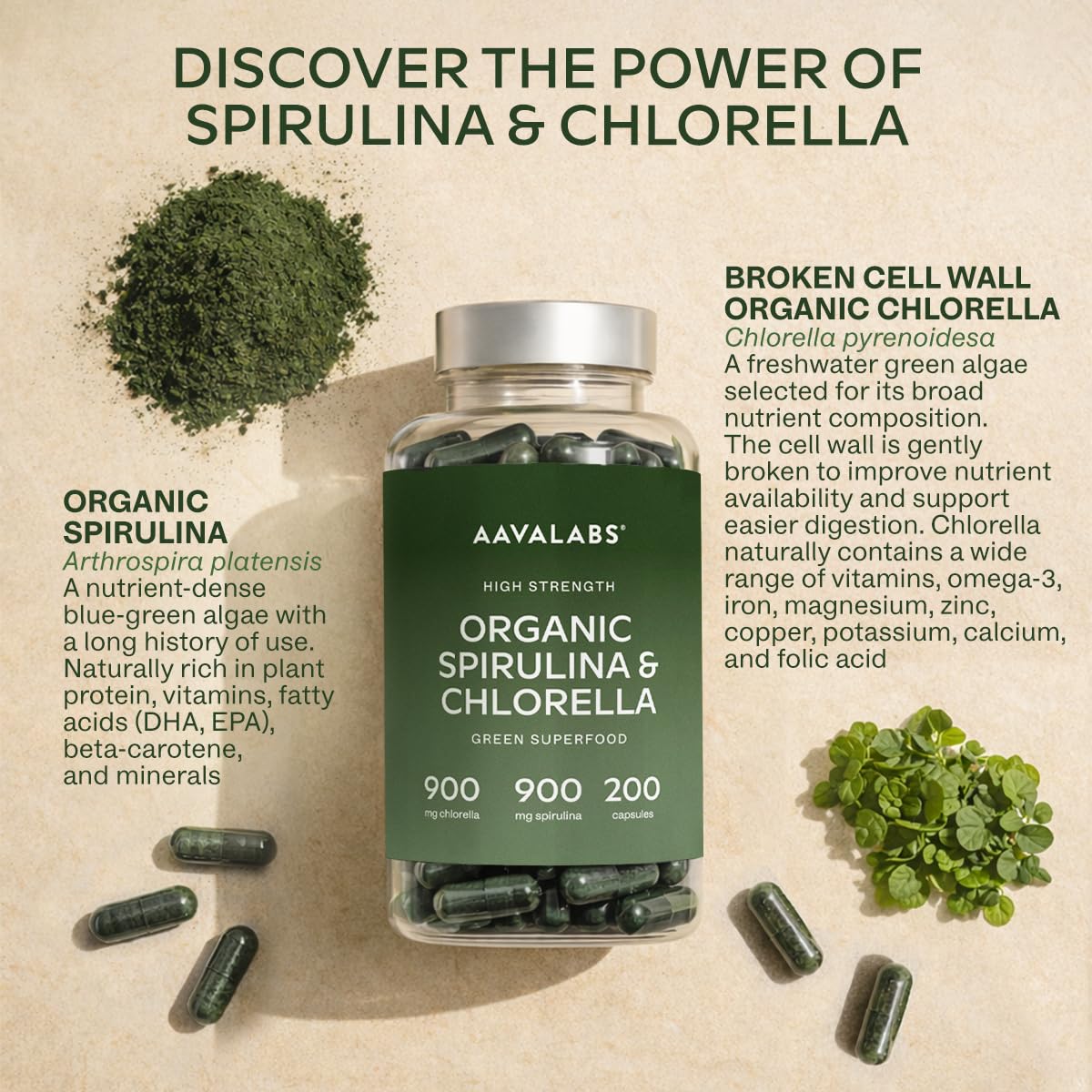 AAVALABS Organic Spirulina and Chlorella Capsules - Spirulina Powder and Chlorella Powder - Broken Cell Wall - 1800mg per Serving - 200 Capsules - Vegan