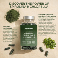 AAVALABS Organic Spirulina and Chlorella Capsules - Spirulina Powder and Chlorella Powder - Broken Cell Wall - 1800mg per Serving - 200 Capsules - Vegan