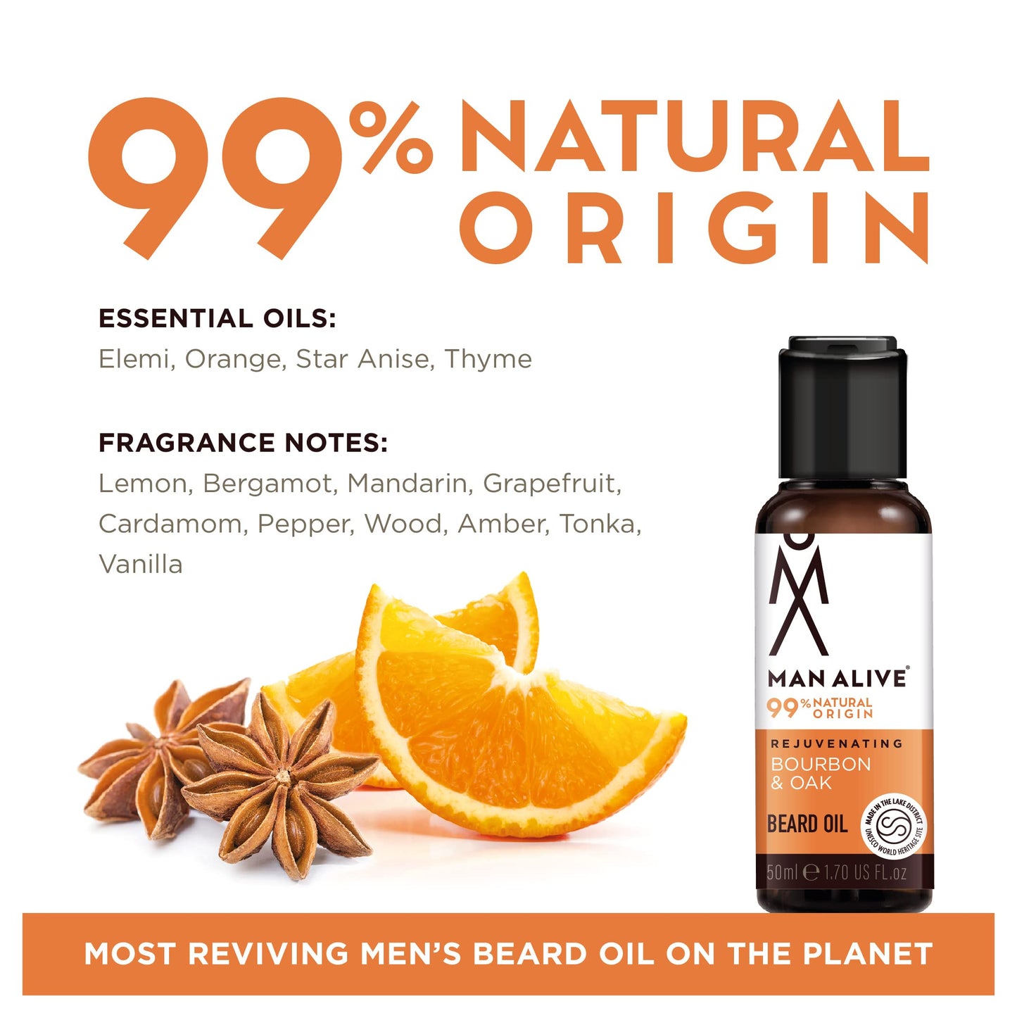 MAN ALIVE Beard Oil for men by Man Alive 99% Natural skincare 50ml with Oatmeal, Argan Oil, Jojoba Oil & Almond Oil, gifts for men softens facial hair mens gifts birthday gifts for him (Bourbon & Oak)
