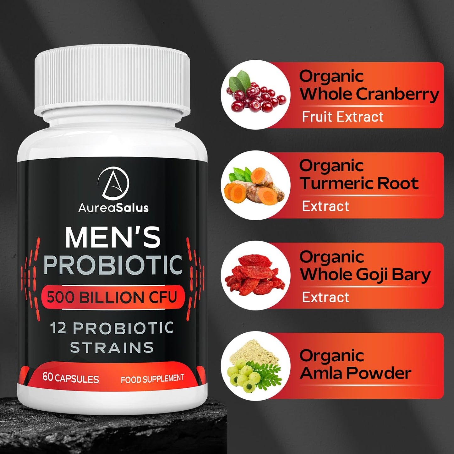 AureaSalus Probiotic for Men, 500 Billion CFU 12 Strains, Men's Probiotic with Cranberry, Turmeric, Goji Berry, Probiotics for Gut & Digestive Health, Gluten and Dairy Free, 60 Capsules (60 Count (Pack of 4))