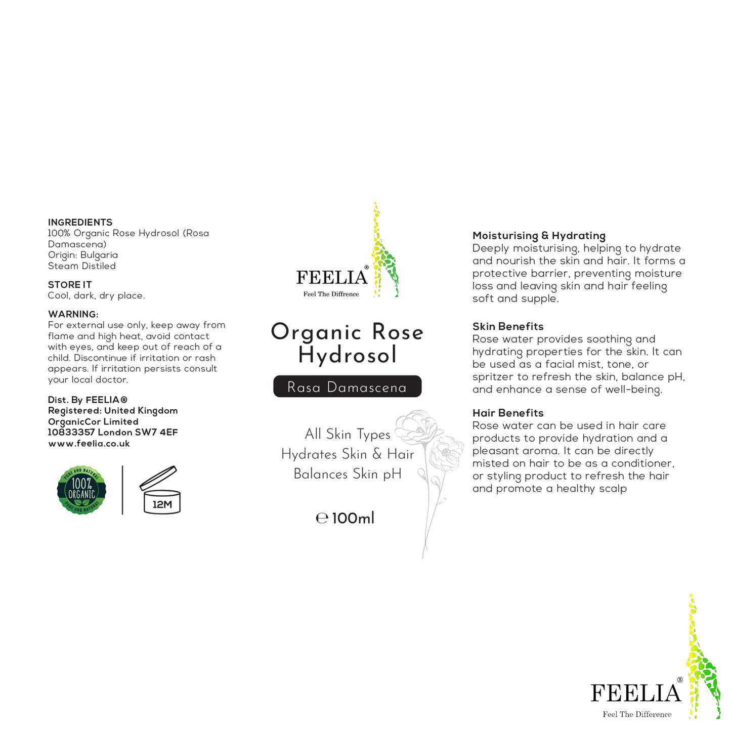 Feelia - Organic Damask Rose Hydrosol Water, Steam Distilled, Pure & Natural Toner, All Skin Types, Hydrates The Skin & Hair, Balances Skin pH & Moisturise (Rose)