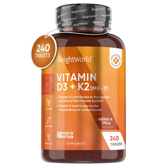 Vitamin D3 4000iu & Vitamin K2 125ug (MK7) | 240 Vitamin D3 K2 Vegetarian Tablets | 8 Month Supply | High Strength D3 and K2 Vitamin | Vitamin D K2 for Bone, Teeth, Muscle Function & Immune System