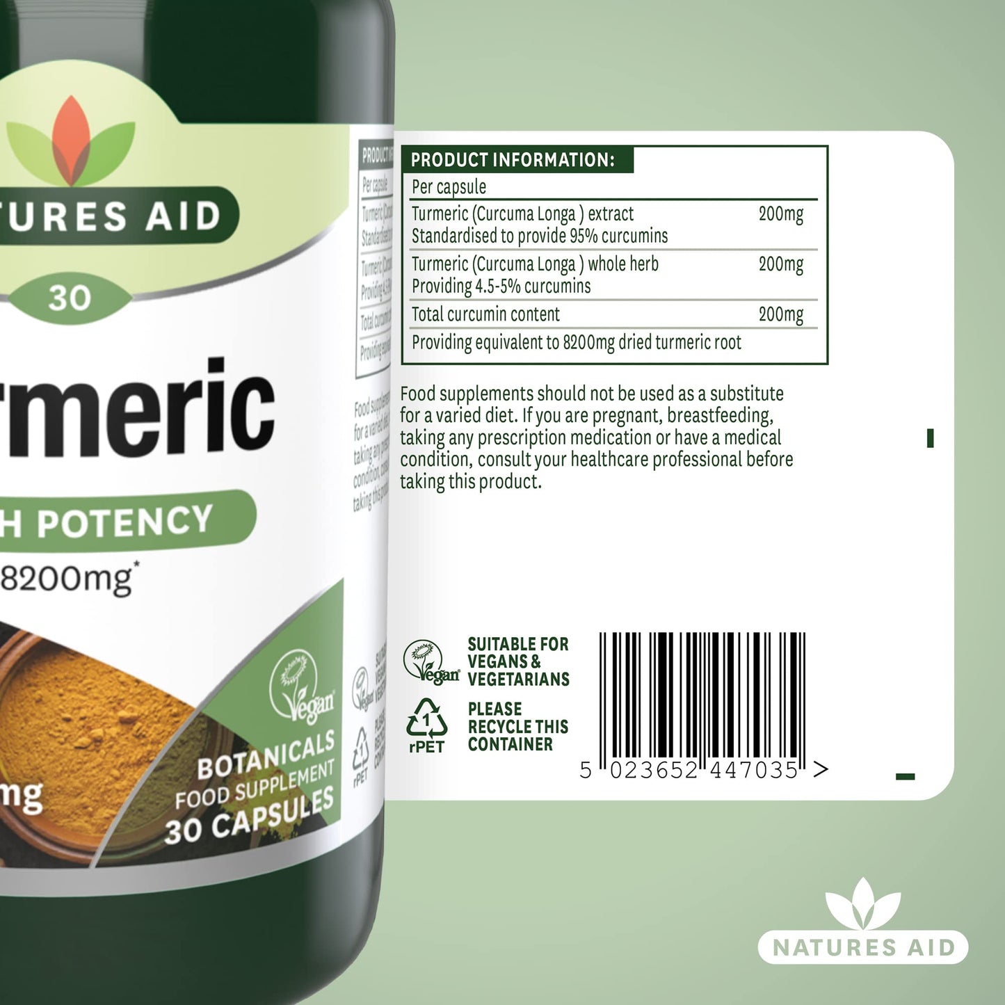 Natures Aid Turmeric 8200 mg, High Potency Extract plus Whole Herb, 200 mg Curcumins, Vegan, 30 Capsules
