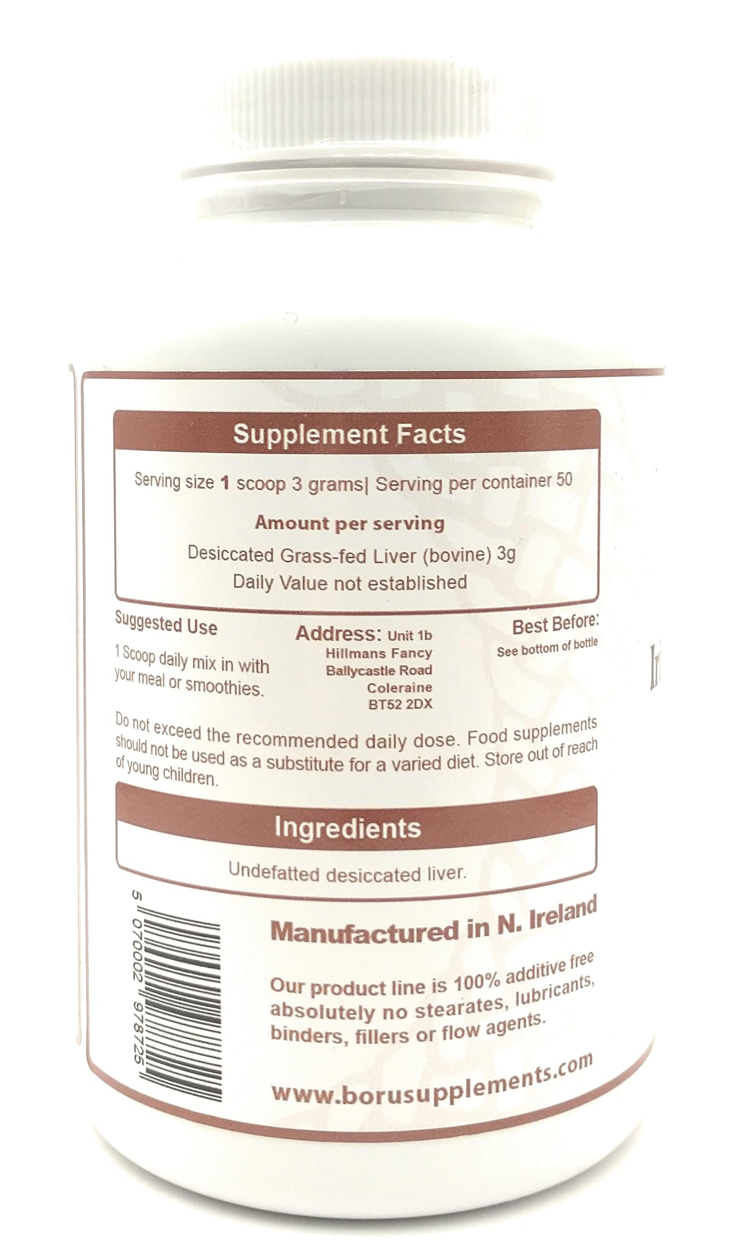 Boru Supplements Boru Grass Fed Irish Beef Liver Powder Undefatted 150 grams No additives (not capsules)