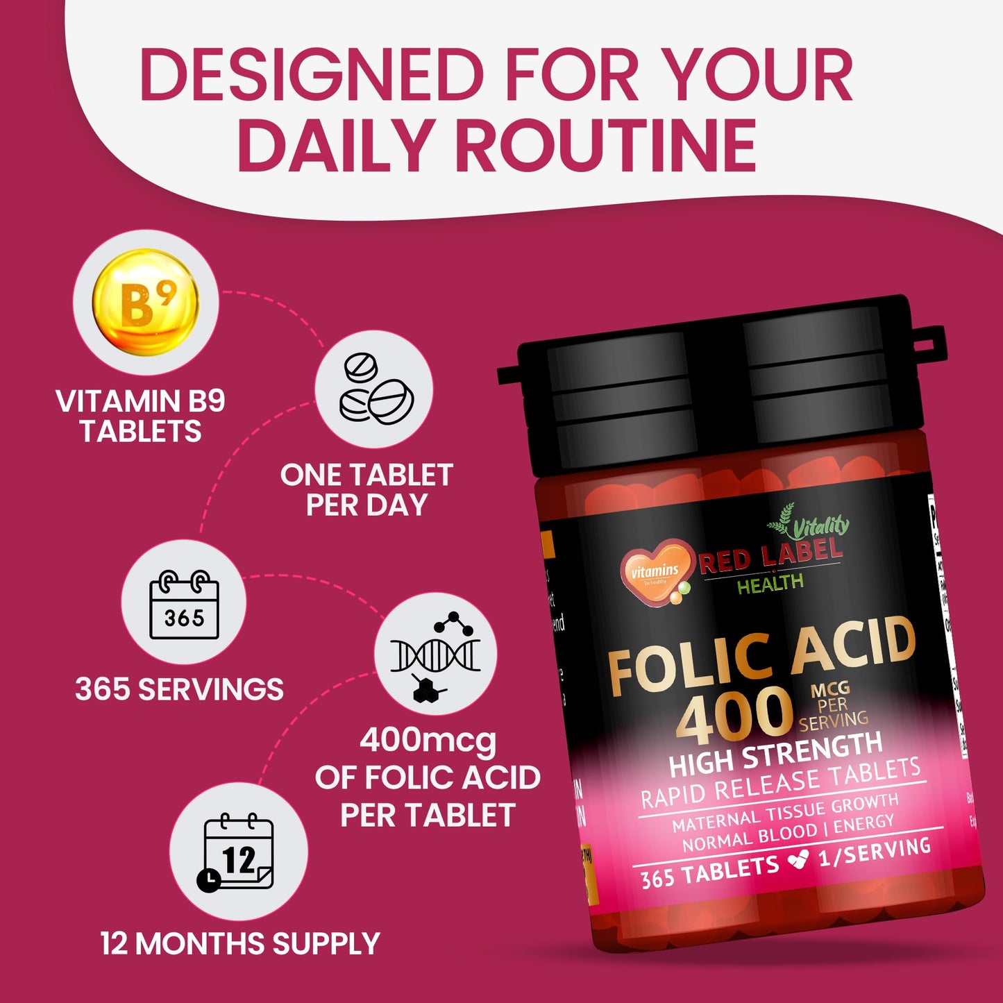 Red Label Health Folic Acid Tablets 400 mcg - 365 Vegan Vitamin B9 Tablets - 1 Year Supply - Pregnancy Care - Normal Function of Immune System & Maternal Tissue Growth During Pregnancy