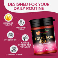 Red Label Health Folic Acid Tablets 400 mcg - 365 Vegan Vitamin B9 Tablets - 1 Year Supply - Pregnancy Care - Normal Function of Immune System & Maternal Tissue Growth During Pregnancy