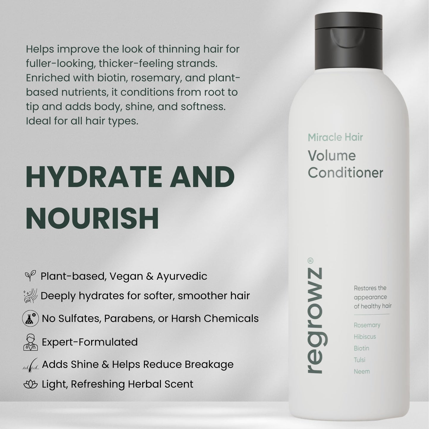 Regrowz Volume Conditioner 200ml - Biotin Hair Thickening Conditioner for Fine & Thinning Hair - Restore and Strengthen Stronger & Healthier Looking Hair for Men & Women