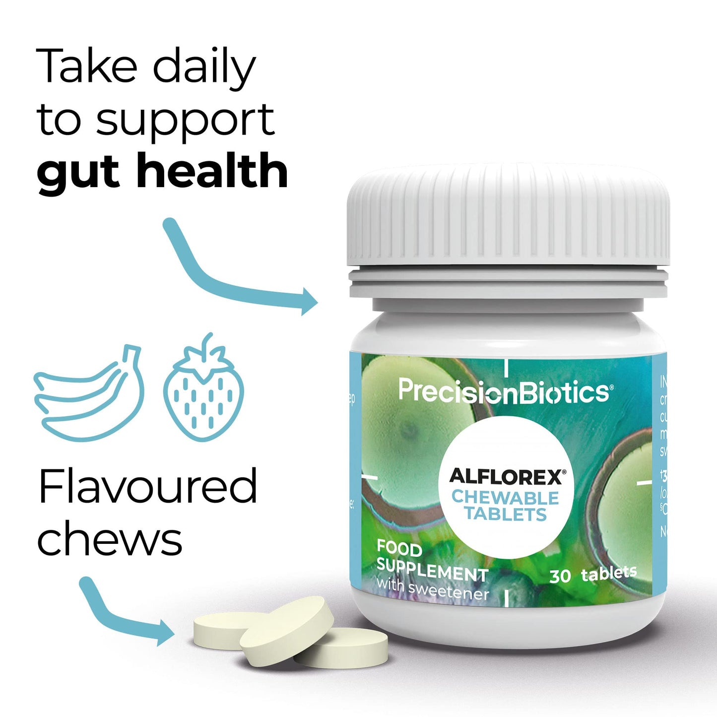 PrecisionBiotics Alflorex Chewable - Daily Gut Health Probiotics Supplement with Unique Bifidobacterium Longum Bacteria Strain 35624® - Bacterial Cultures - Strawberry & Banana Flavour - 30 Chewable Tablets