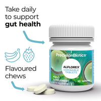 PrecisionBiotics Alflorex Chewable - Daily Gut Health Probiotics Supplement with Unique Bifidobacterium Longum Bacteria Strain 35624® - Bacterial Cultures - Strawberry & Banana Flavour - 30 Chewable Tablets