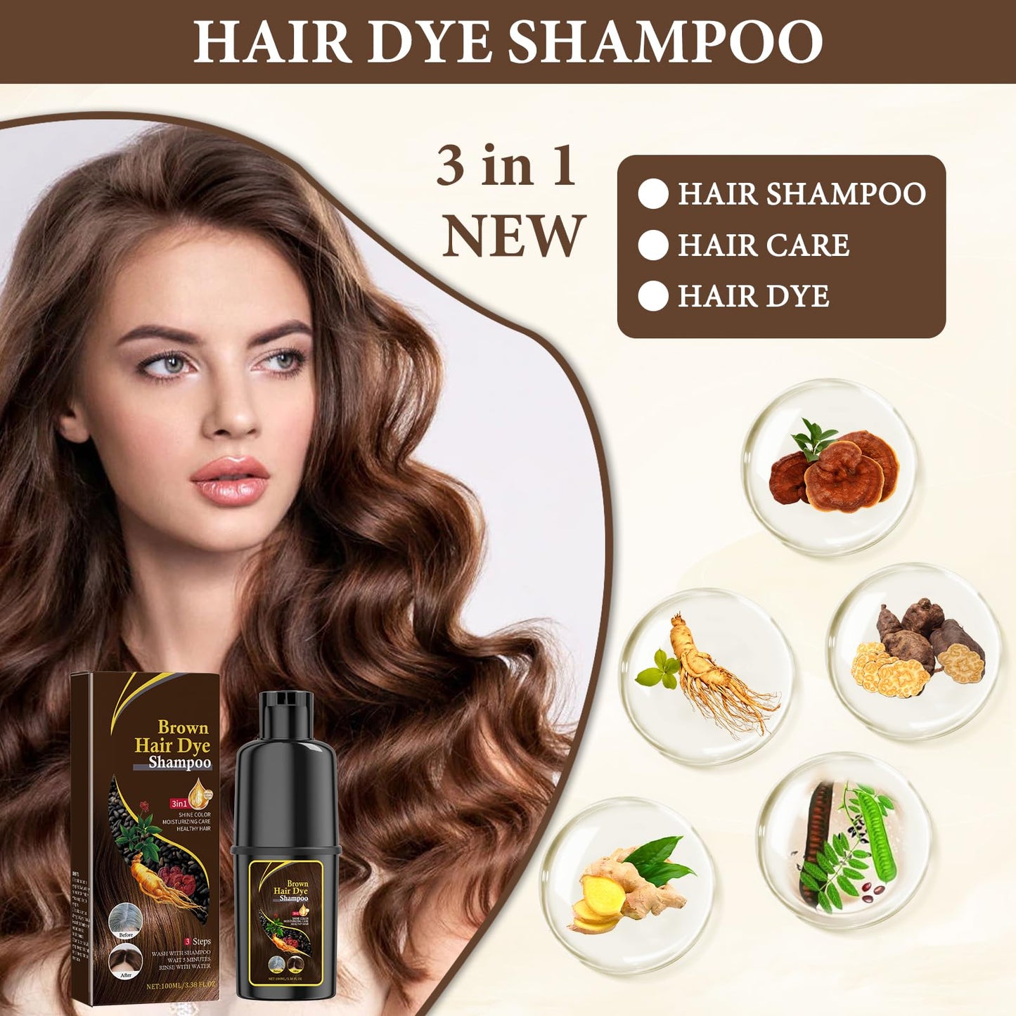 Bisienya 100ml Nova Hair Dye Shampoo For Men & Women Hair Dye Shampoo Nova Hair Shampoo Hair Dyeing Shampoo, Mildly Moisturizing The Scalp, Easy To Change Hair Color (Brown), Comes With 3 Hair Dyeing Combs