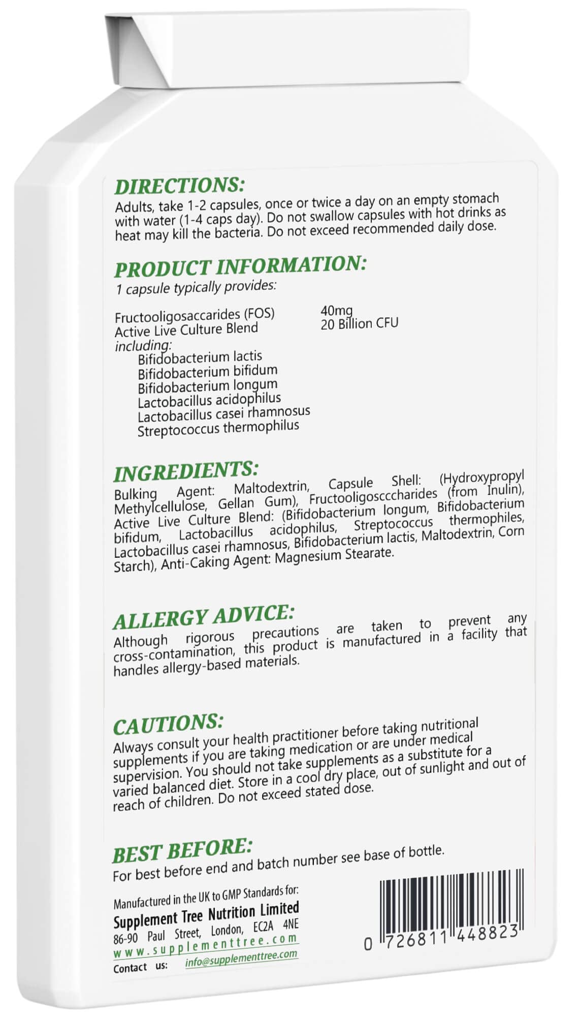 Supplement Tree Probiotics Complex 20 Billion CFU Per Vegan Capsule | 120 Targeted Release Capsules | Vegan Probiotic Supplement