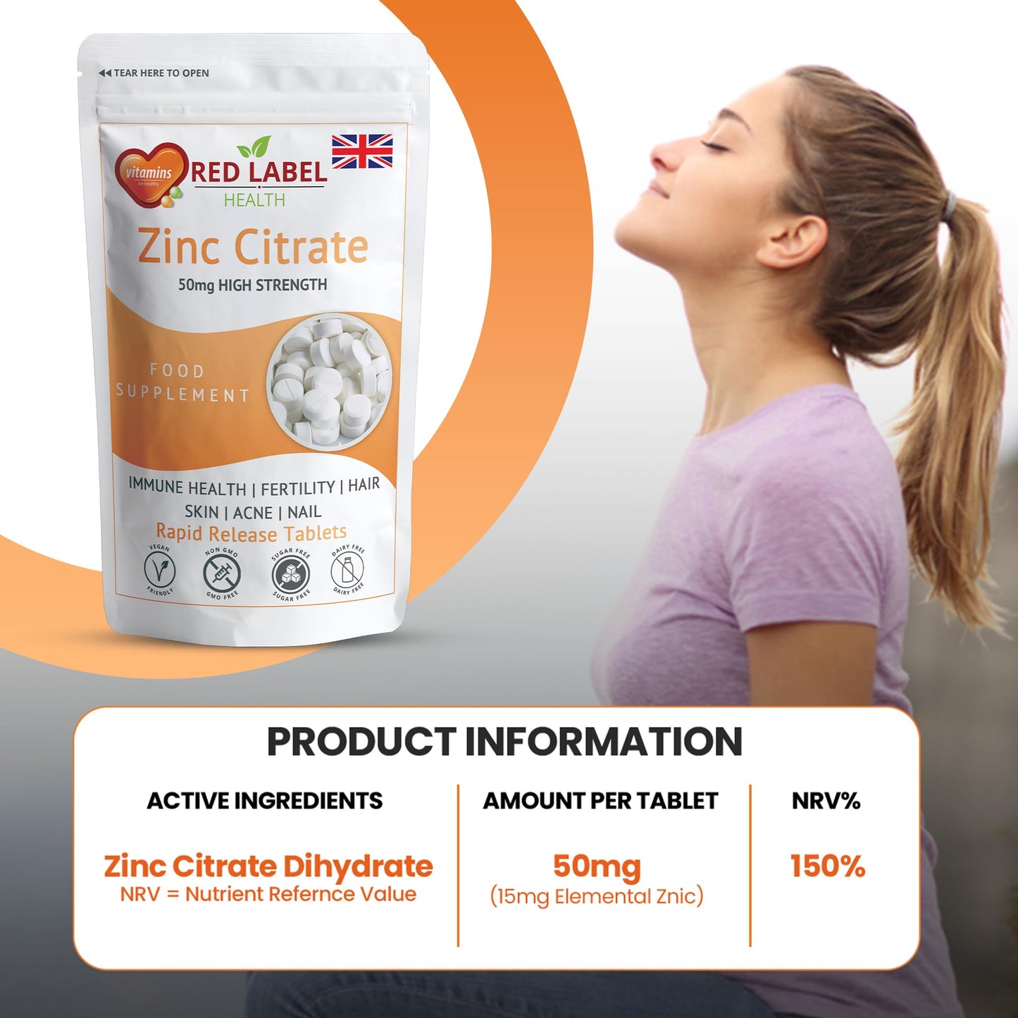 Red Label Health Zinc Citrate 50mg - 200 Vegan Tablets - Immune Function, Fertility, Healthy Bones, Vision, Hair, Nails and Skin | (6+ Months Supply) | Letterbox Friendly - Made in The UK