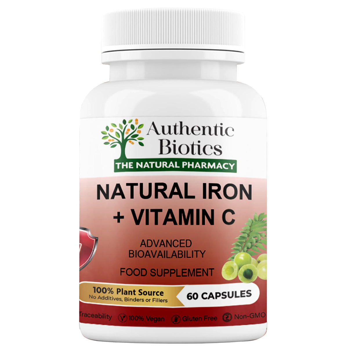 Authentic Biotics Iron & Vitamin C Supplement | 60 Vegan Capsules | Plant-Based Iron from Curry Leaves & Vitamin C from Amla | Supports Energy, Immunity & Reduces Tiredness | 2 Month Supply