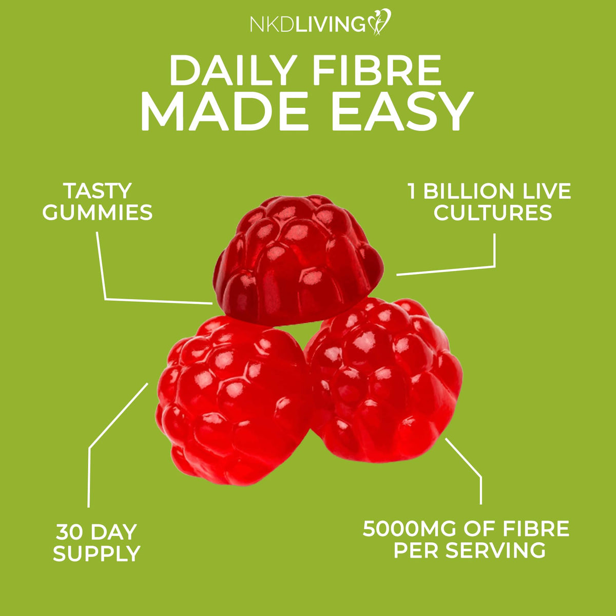 NKD Living High Fibre Inulin Gummies (60 Vegan Gummies) 5g of Fibre per Serving - with 1 Billion Live Cultures - Gut Health and Digestive System Support