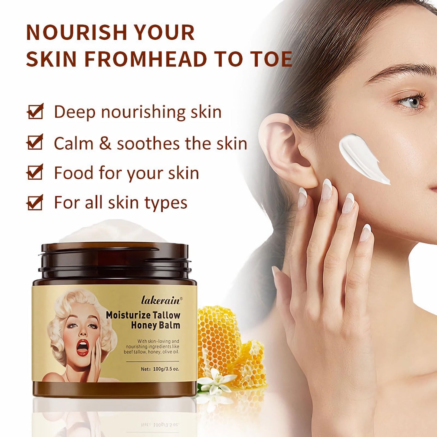 mercham Beef Tallow Skin Care, Beef Tallow Honey Balm, Beef Tallow Moisturiser for Face & Body, Deeply Nourishing, Organic Tallow Face Cream for Dry Skin (100g)