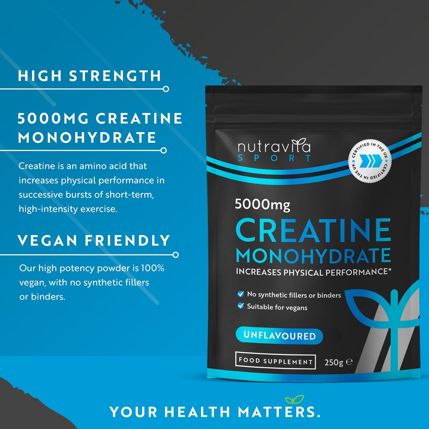 Creatine Monohydrate Powder 5000mg - Micronised for Easy Mixing - For Recovery and Performance - Men and Women Exercise Supplement - 50 Servings - Unflavoured 250g Powder - Made in The UK by Nutravita