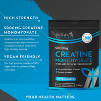 Creatine Monohydrate Powder 5000mg - Micronised for Easy Mixing - For Recovery and Performance - Men and Women Exercise Supplement - 50 Servings - Unflavoured 250g Powder - Made in The UK by Nutravita