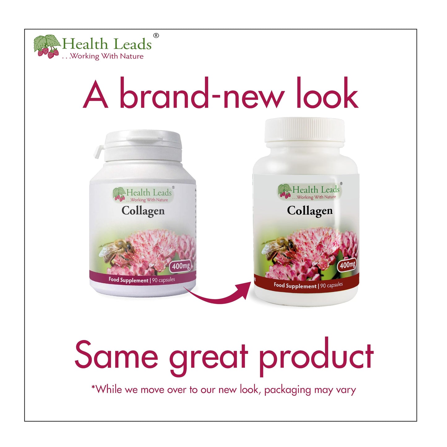 Health Leads ...Working With Nature High Strength Collagen 400mg 90 Capsules, 3 Months Supply, Premium Hydrolysed Porcine Powder, Wrinkles, Hair, Skin, Nails & Joints, Magnesium Stearate Free & No Nasty Additives, Made in Wales