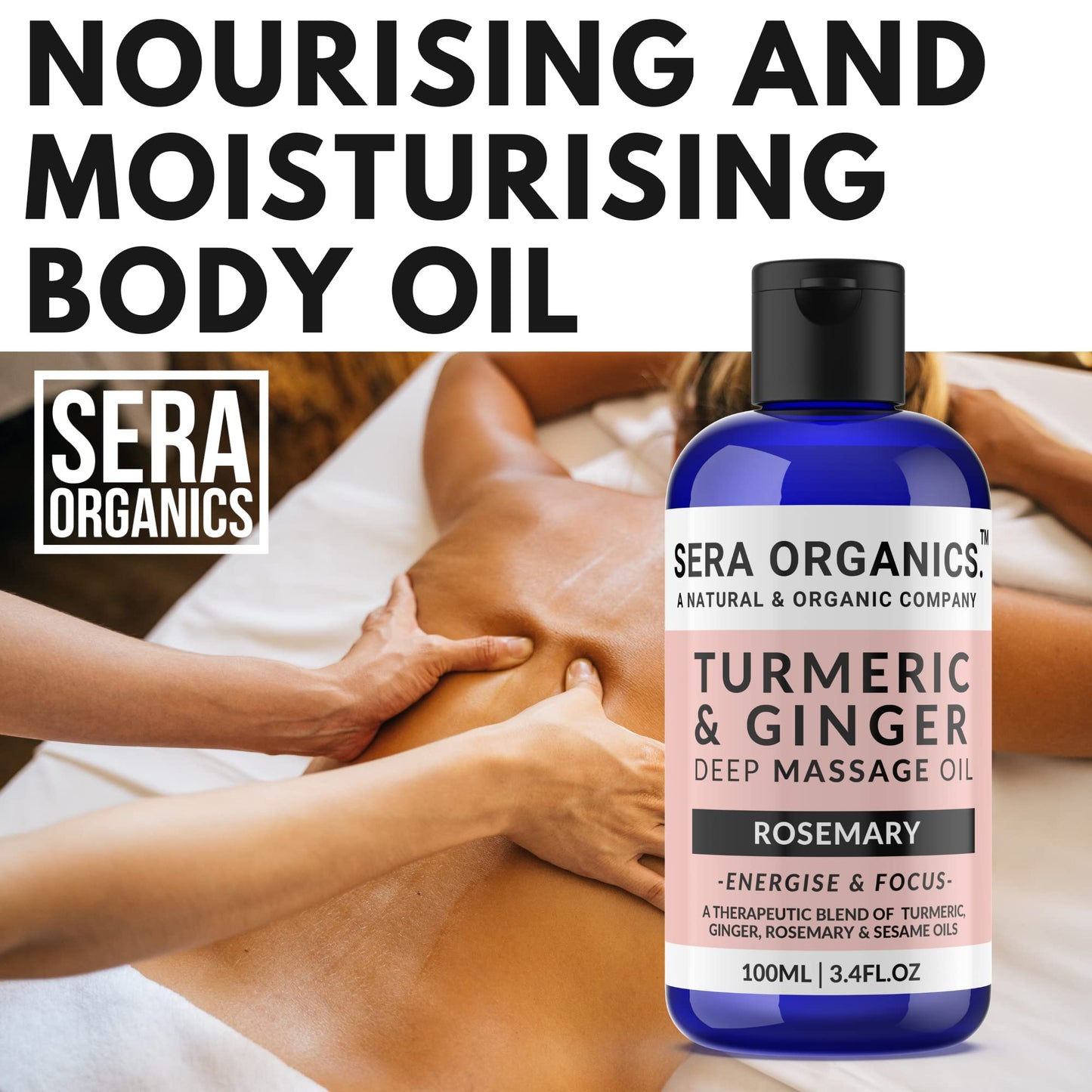 Turmeric & Ginger Massage Oil - Natural Muscle & Joint Relief - Warming, Relaxing, and Soothing Therapy - Lymphatic Drainage & Anti-Inflammatory with Rosemary (100ml) Made in The UK by Sera Organics