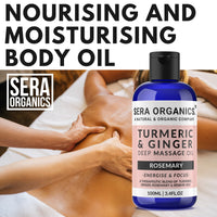Turmeric & Ginger Massage Oil - Natural Muscle & Joint Relief - Warming, Relaxing, and Soothing Therapy - Lymphatic Drainage & Anti-Inflammatory with Rosemary (100ml) Made in The UK by Sera Organics