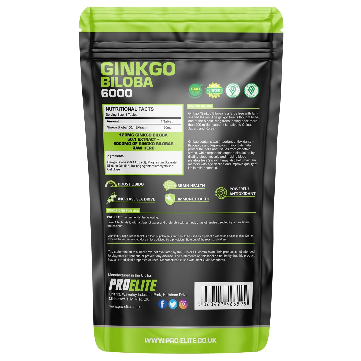 Ginkgo Biloba 6000mg 60 High Strength Vegan Tablets - Ginkgo Biloba Leaf 50:1 Extract | Gluten Free, GMO Free - Made in UK by PROELITE