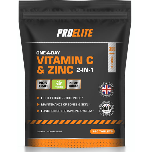 Vitamin C and Zinc 360 Tablets Vegan - Ascorbic Acid with Added Zinc - Maintenance of Normal Immune System - High Strength Vitamin C & Zinc Capsule & Powder Alternative by PROELITE