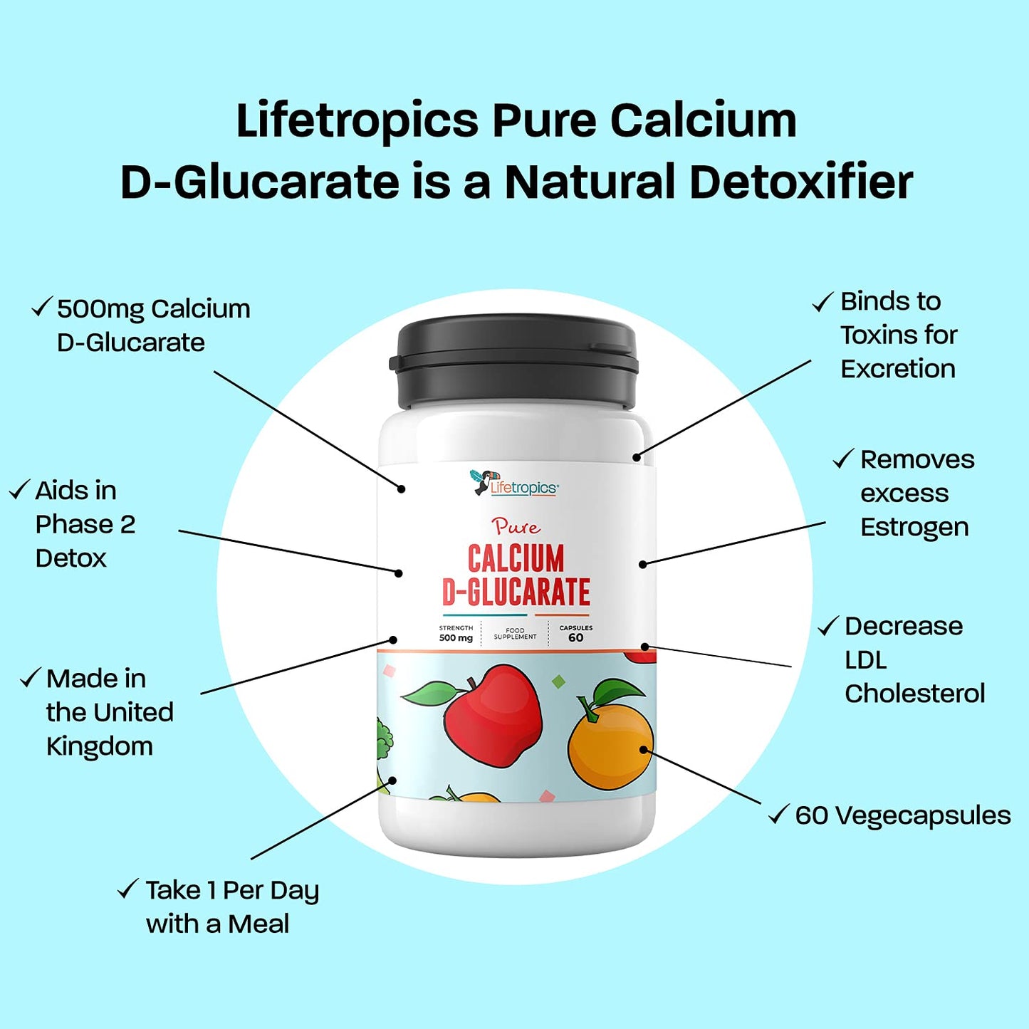 Lifetropics Calcium D-Glucarate - 500mg Calcium D-Glucarate - Lab Tested - Liver Detox Supplement - 60 Vegetable Capsules