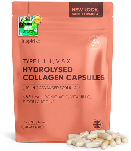 Inspiriko Multi Collagen Supplements for Women - 2000mg Type I, II, III, V & X Hydrolyzed Collagen Peptides - Multi Collagen Capsules with Hyaluronic Acid, Vitamin C, Biotin & Copper. 30 Servings