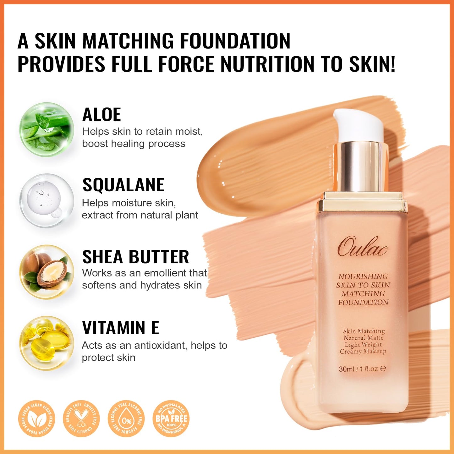 Oulac Foundation Full Coverage, Hydrating Foundation enriched with aloe vera and Vitamin E, Long Lasting Liquid Foundation, Vegan Foundation 30ml, Shade: 10 Golden Natural